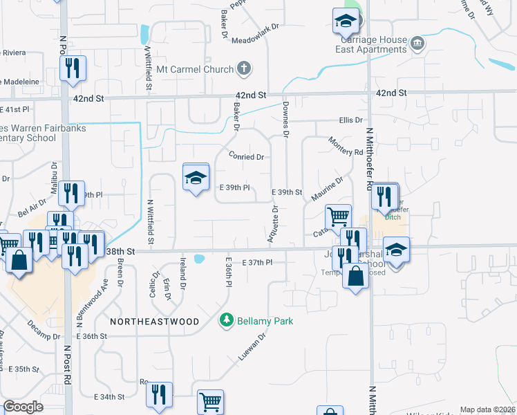 map of restaurants, bars, coffee shops, grocery stores, and more near 9701 East 39th Street in Indianapolis