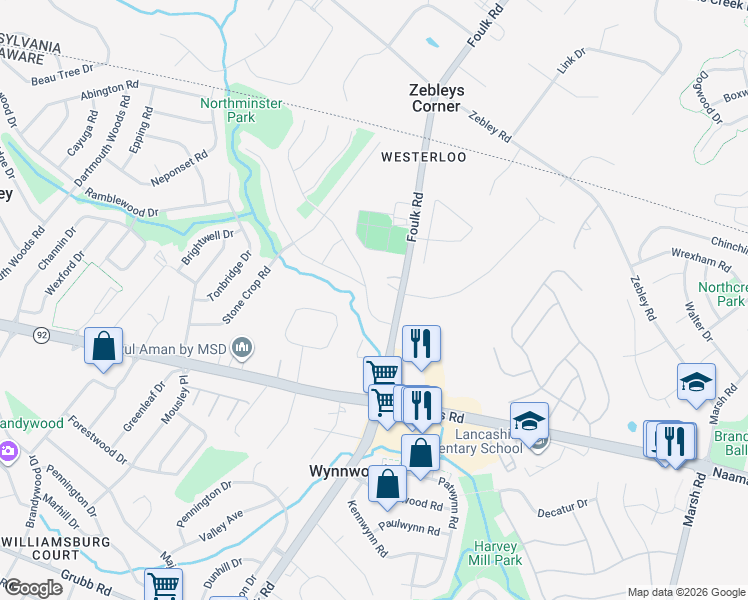 map of restaurants, bars, coffee shops, grocery stores, and more near 3 Birch Knoll Road in Wilmington