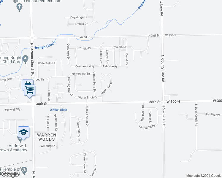 map of restaurants, bars, coffee shops, grocery stores, and more near 11610 Hornickel Circle in Indianapolis