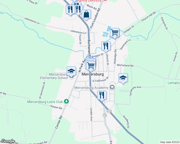 map of restaurants, bars, coffee shops, grocery stores, and more near in Mercersburg