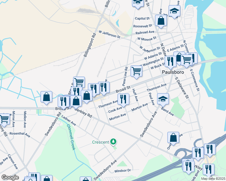 map of restaurants, bars, coffee shops, grocery stores, and more near 433 West Broad Street in Paulsboro