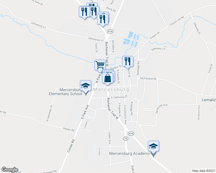 map of restaurants, bars, coffee shops, grocery stores, and more near North Main Street & West Seminary Street in Mercersburg
