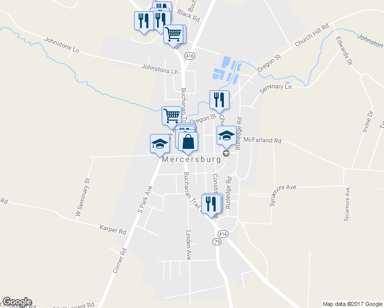 map of restaurants, bars, coffee shops, grocery stores, and more near 32 East Seminary Street in Mercersburg