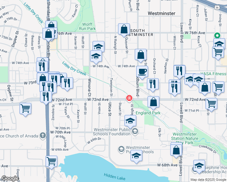 map of restaurants, bars, coffee shops, grocery stores, and more near 4199 West 72nd Avenue in Westminster