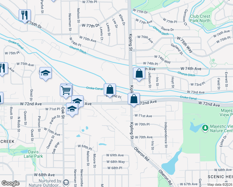 map of restaurants, bars, coffee shops, grocery stores, and more near 10219 West 72nd Place in Arvada