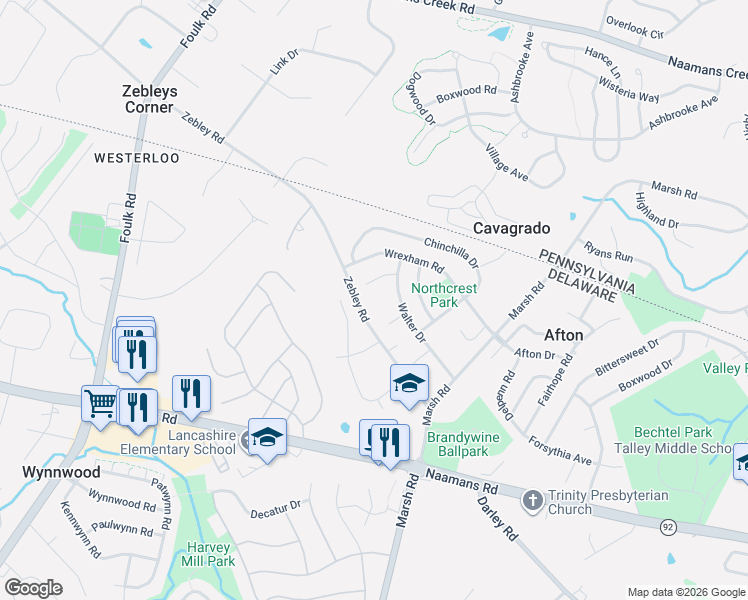 map of restaurants, bars, coffee shops, grocery stores, and more near 1815 Zebley Road in Wilmington