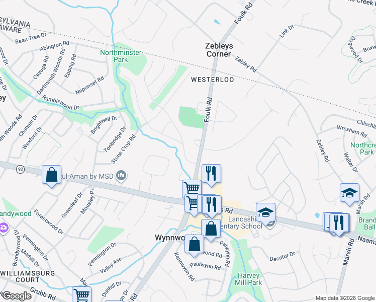 map of restaurants, bars, coffee shops, grocery stores, and more near 3 Birch Knoll Road in Wilmington