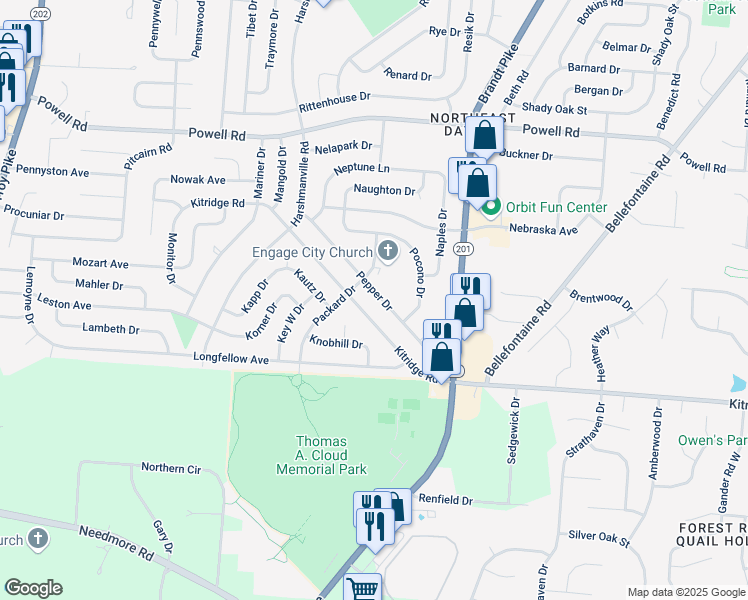 map of restaurants, bars, coffee shops, grocery stores, and more near 4397 Kitridge Road in Dayton