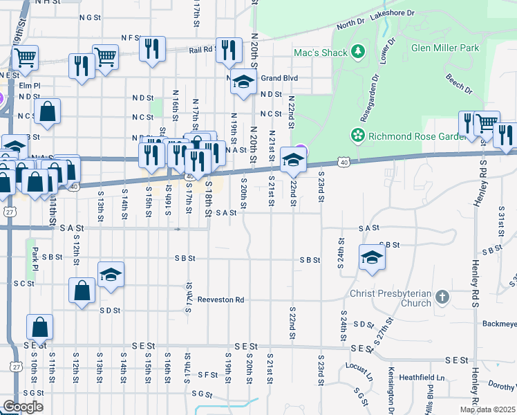 map of restaurants, bars, coffee shops, grocery stores, and more near 2034 South A Street in Richmond