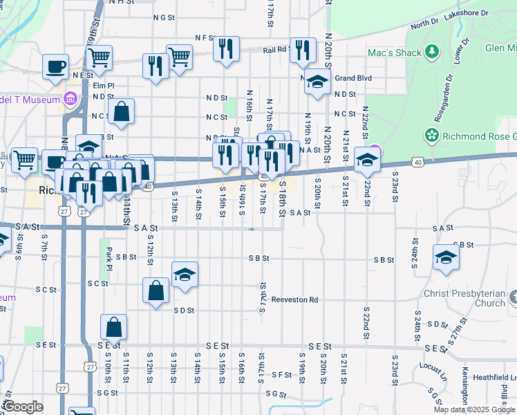 map of restaurants, bars, coffee shops, grocery stores, and more near 51 South 17th Street in Richmond