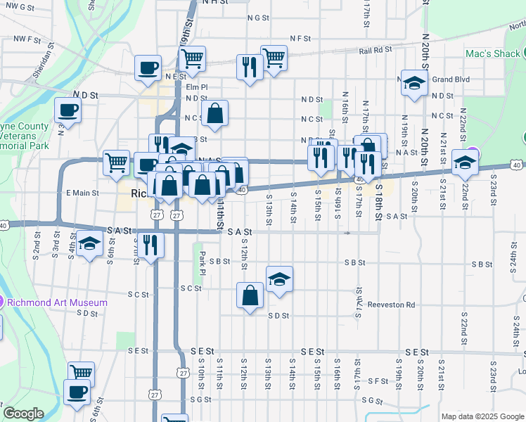 map of restaurants, bars, coffee shops, grocery stores, and more near 36 1/2 South 13th Street in Richmond