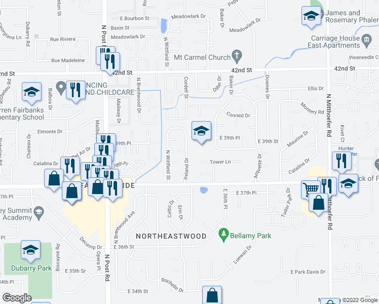 map of restaurants, bars, coffee shops, grocery stores, and more near 3847 Ireland Drive in Indianapolis