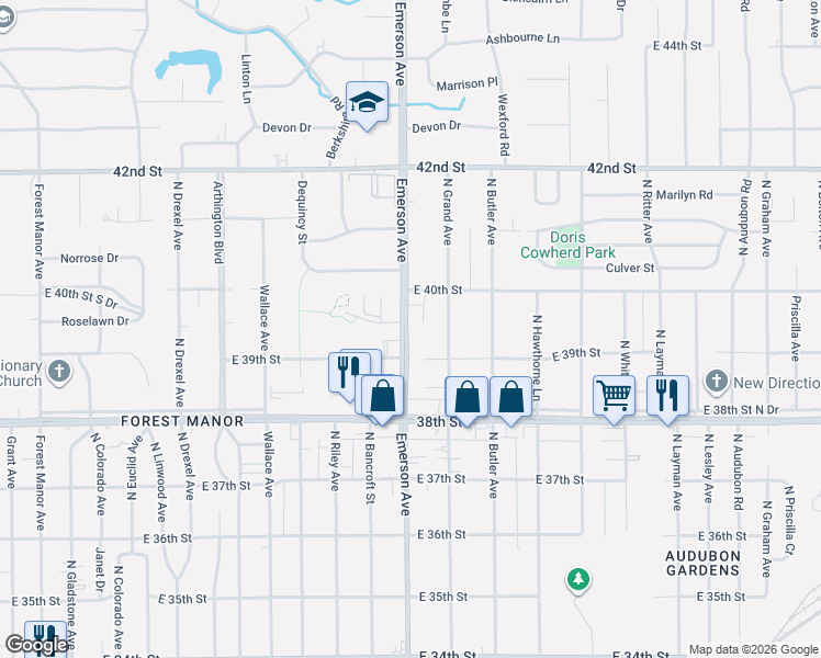 map of restaurants, bars, coffee shops, grocery stores, and more near 3909 North Emerson Avenue in Indianapolis