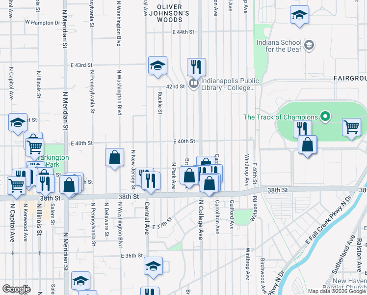 map of restaurants, bars, coffee shops, grocery stores, and more near 3944 Broadway Street in Indianapolis