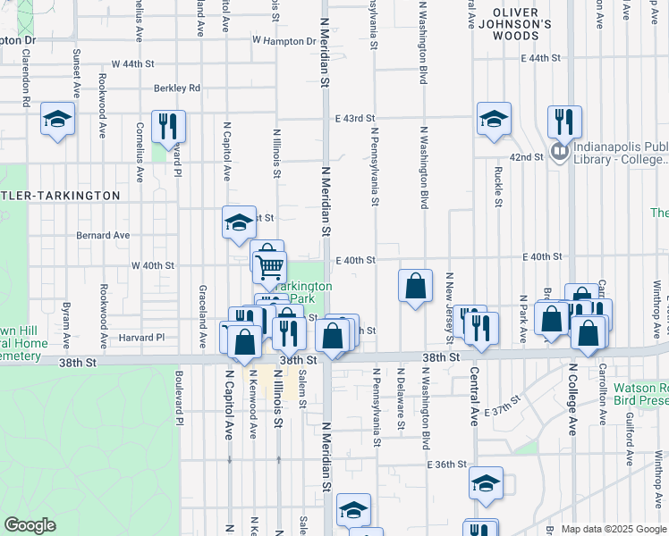 map of restaurants, bars, coffee shops, grocery stores, and more near 3951 North Meridian Street in Indianapolis