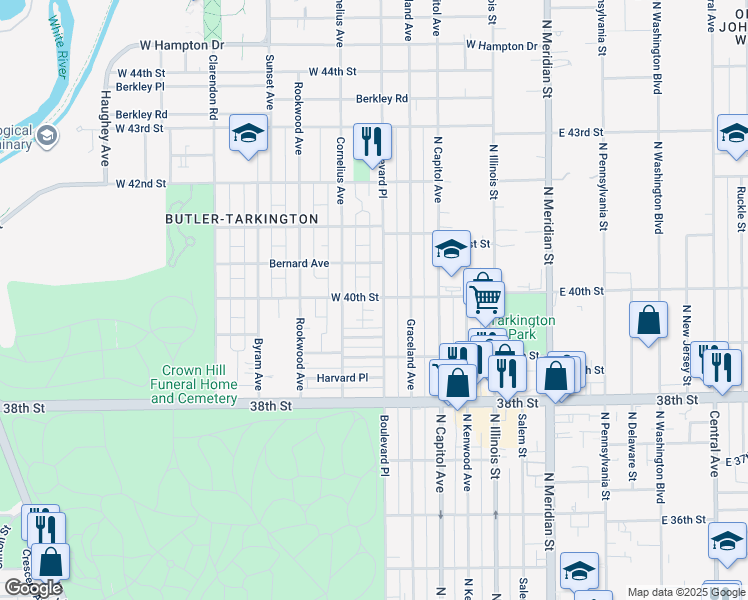 map of restaurants, bars, coffee shops, grocery stores, and more near 317 West 40th Street in Indianapolis