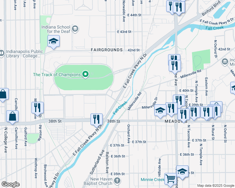 map of restaurants, bars, coffee shops, grocery stores, and more near 4724 Round Lake Road in Indianapolis