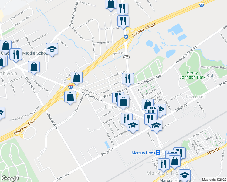 map of restaurants, bars, coffee shops, grocery stores, and more near 330 West Laughead Avenue in Linwood