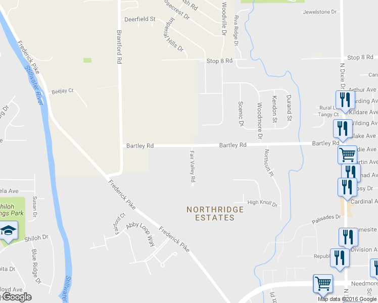 map of restaurants, bars, coffee shops, grocery stores, and more near 5563 Fair Valley Rd in Dayton