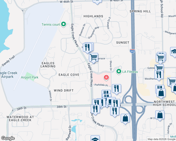 map of restaurants, bars, coffee shops, grocery stores, and more near 4040 Gamay Lane in Indianapolis