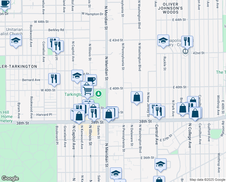 map of restaurants, bars, coffee shops, grocery stores, and more near 3965 North Meridian Street in Indianapolis