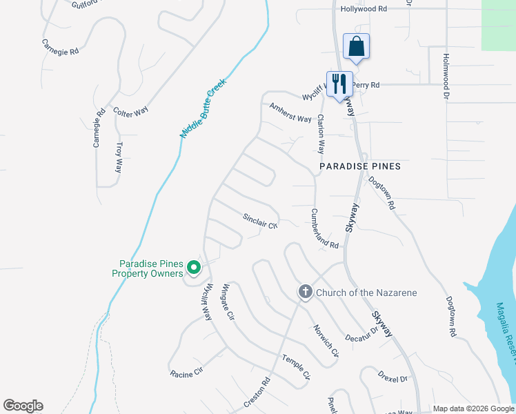 map of restaurants, bars, coffee shops, grocery stores, and more near 14359 Sinclair Circle in Magalia