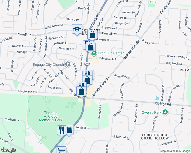 map of restaurants, bars, coffee shops, grocery stores, and more near 5151 Bellefontaine Road in Dayton