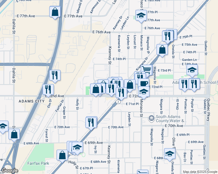 map of restaurants, bars, coffee shops, grocery stores, and more near 7273 Kearney Street in Commerce City