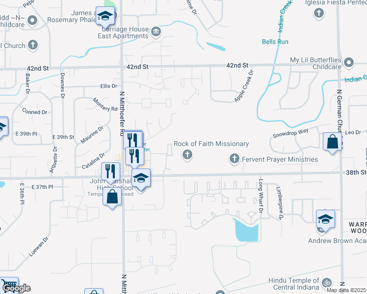 map of restaurants, bars, coffee shops, grocery stores, and more near 10302 East 38th Street in Indianapolis