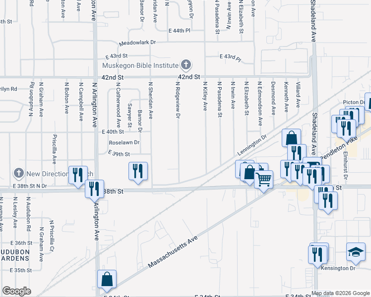 map of restaurants, bars, coffee shops, grocery stores, and more near 3913 North Ridgeview Drive in Indianapolis