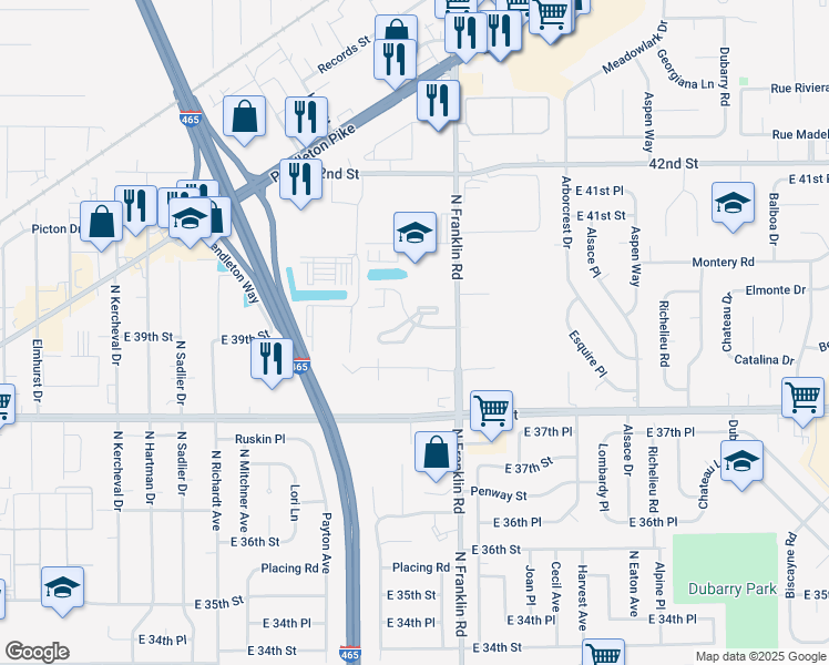 map of restaurants, bars, coffee shops, grocery stores, and more near 7845 Brookfield Court in Indianapolis