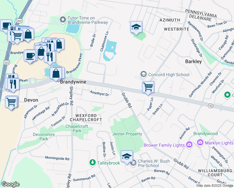 map of restaurants, bars, coffee shops, grocery stores, and more near 2848 Grubb Road in Wilmington