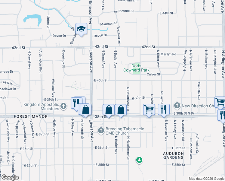 map of restaurants, bars, coffee shops, grocery stores, and more near 3918 North Butler Avenue in Indianapolis