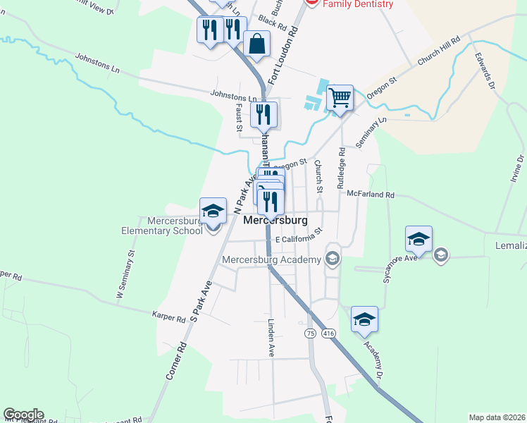 map of restaurants, bars, coffee shops, grocery stores, and more near 2 North Main Street in Mercersburg