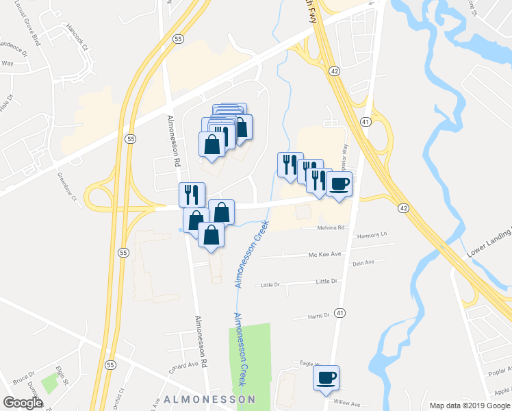 map of restaurants, bars, coffee shops, grocery stores, and more near Deptford Center Road in Deptford Township