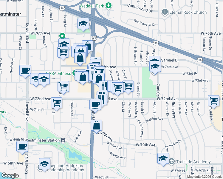 map of restaurants, bars, coffee shops, grocery stores, and more near 2880 Eliot Circle in Westminster