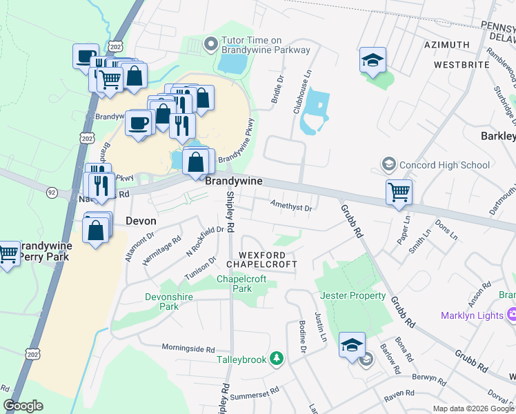 map of restaurants, bars, coffee shops, grocery stores, and more near 105 Jade Drive in Wilmington