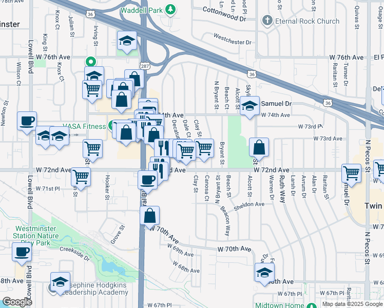 map of restaurants, bars, coffee shops, grocery stores, and more near 2781 Eliot Circle in Westminster