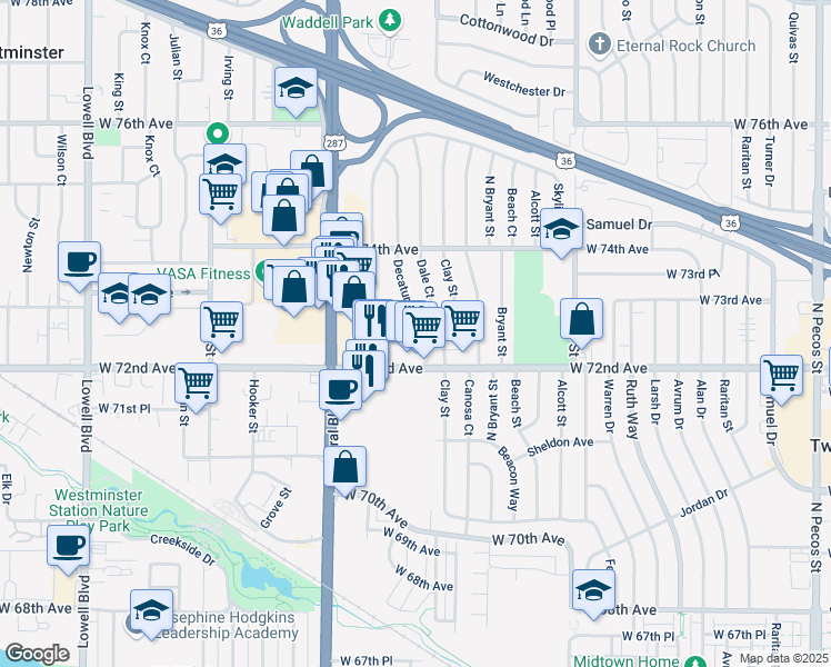 map of restaurants, bars, coffee shops, grocery stores, and more near 2781 Eliot Circle in Westminster