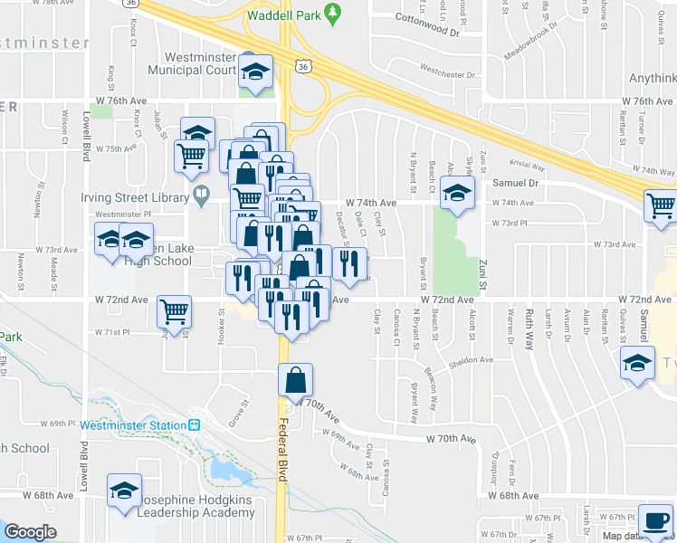 map of restaurants, bars, coffee shops, grocery stores, and more near 2871 Eliot Circle in Westminster