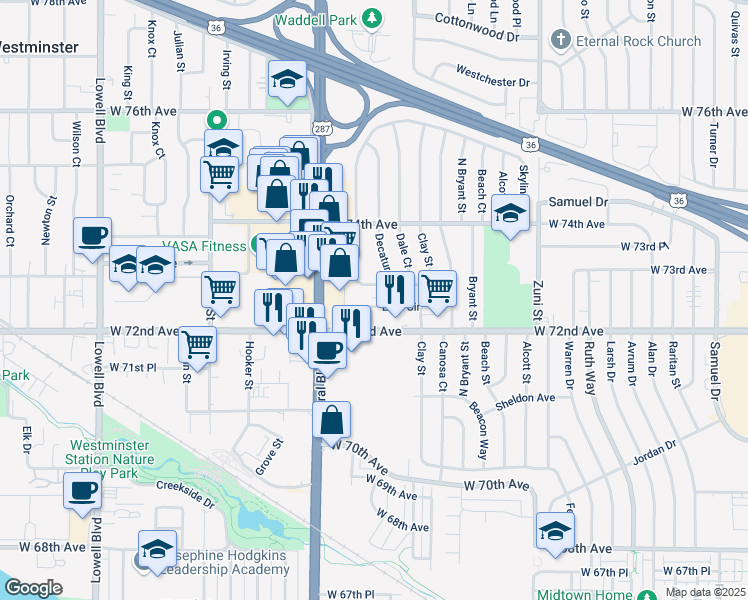 map of restaurants, bars, coffee shops, grocery stores, and more near 2871 Eliot Circle in Westminster