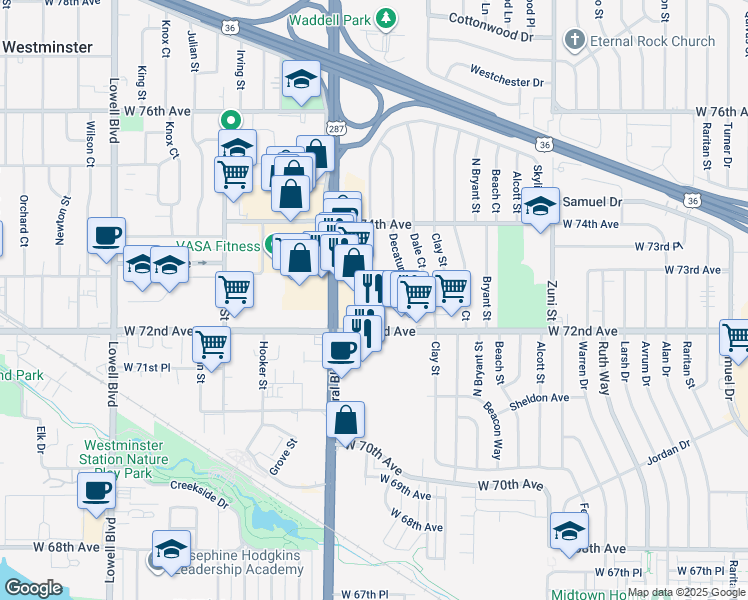 map of restaurants, bars, coffee shops, grocery stores, and more near 2871 Eliot Circle in Westminster