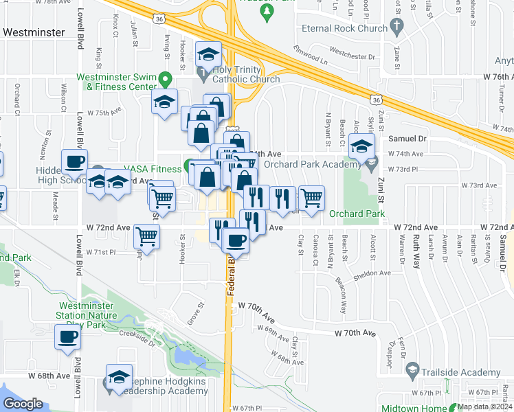 map of restaurants, bars, coffee shops, grocery stores, and more near 7206 U.S. 287 in Westminster