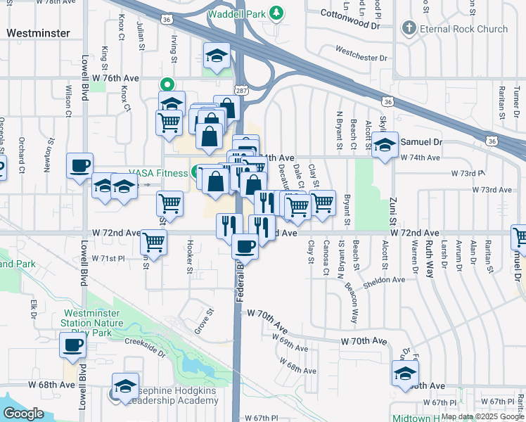 map of restaurants, bars, coffee shops, grocery stores, and more near 7206 U.S. 287 in Westminster