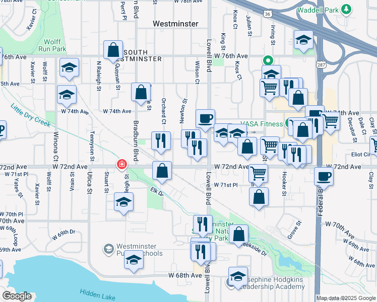 map of restaurants, bars, coffee shops, grocery stores, and more near 7233 Meade Street in Westminster