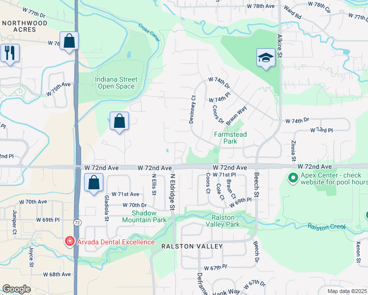 map of restaurants, bars, coffee shops, grocery stores, and more near 7235 Devinney Court in Arvada