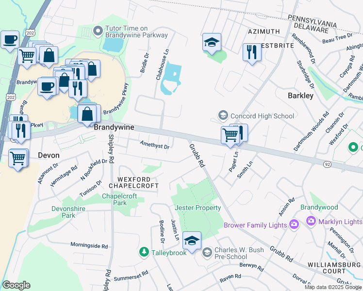 map of restaurants, bars, coffee shops, grocery stores, and more near 2848 Grubb Road in Wilmington
