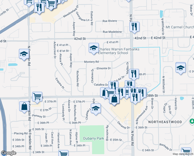 map of restaurants, bars, coffee shops, grocery stores, and more near 3908 Catalina Court in Indianapolis