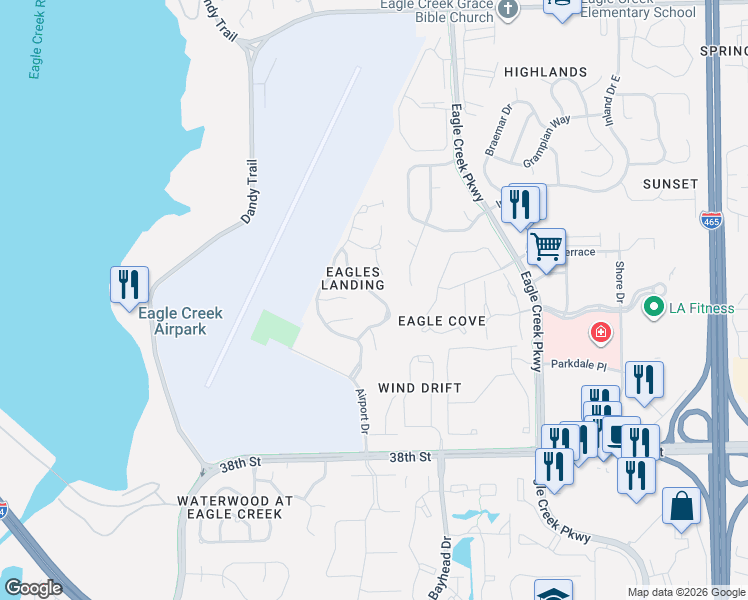 map of restaurants, bars, coffee shops, grocery stores, and more near 4114 Waterthrush Drive in Indianapolis