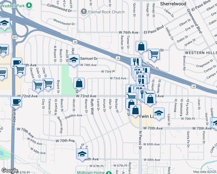 map of restaurants, bars, coffee shops, grocery stores, and more near 7230 Alan Drive in Denver